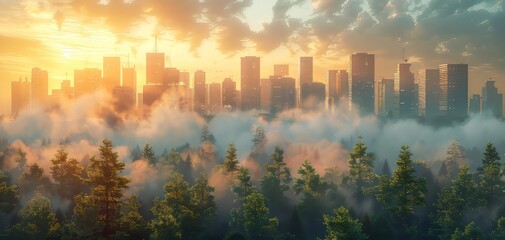 Sunrise over city skyline with lush green forest in the foreground and mist creating a serene and beautiful contrast of nature and urban life.