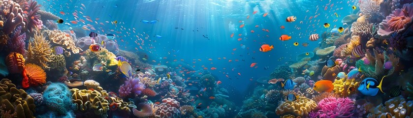 Fototapeta na wymiar A vibrant coral reef bustling with colorful fish and marine life beneath crystal clear waters