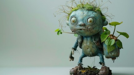Fantasy Plant, Adorable Zombie Plant Holding Leaf, quirky, curious expression, perfect for children's books and fantasy themes