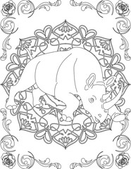 Rhino on Mandala Coloring Page. Printable Coloring Worksheet for Adults and Kids. Educational Resources for School and Preschool. Mandala Coloring for Adults