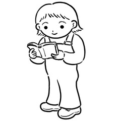 立って本を読む女の子　線画