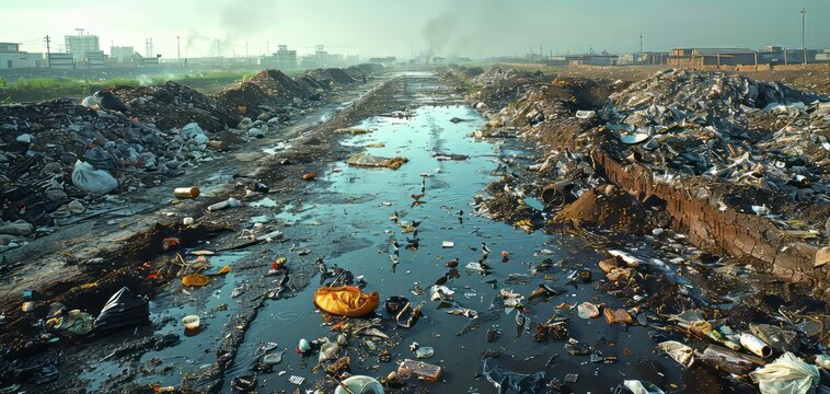 Urban pollution with piles of garbage and waste along a contaminated water canal. Industrial background with smoke in the distance.