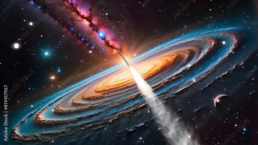 Wall mural rocket with galaxy vortex in space. seamless looping time-lapse 4k video animation background