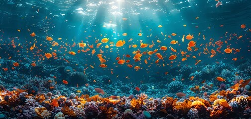 Fototapeta premium Vibrant underwater scene with colorful corals and fish. Sunlight filters through the water, creating a mesmerizing marine environment.