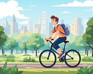 Youngster riding bicycle cartoon flat design top view city park theme animation colored pastel