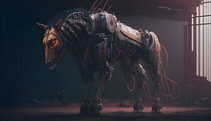Cybernetic Companion Animal with Intricately Detailed Bionic Components in Dystopian Urban Setting