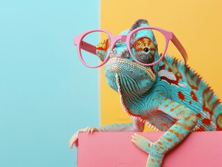 Colorful chameleon wearing glasses on pink box in fashionable tropical setting with vibrant background