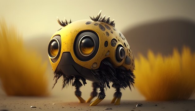Whimsical Cyber Creature Wandering Through Monochrome Yellow Dreamscape