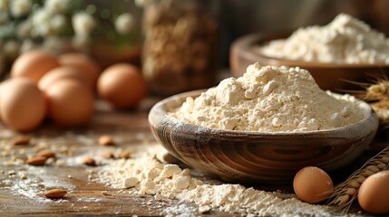 Fresh ingredients for baking with wheat flour in a bowl and eggs on a wooden surface, epitomizing traditional baking and country kitchens - Powered by Adobe