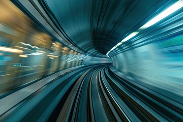 Abstract motion blur of a subway train speeding through an underground tunnel