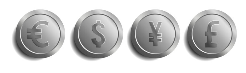 silver coin dollar, pound, euro, and yen Different Currencies , money currency, currency symbol