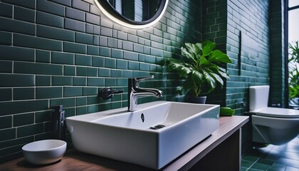 sleek modern bathroom with stylish tiled wall and white sink