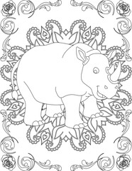 Rhino on Mandala Coloring Page. Printable Coloring Worksheet for Adults and Kids. Educational Resources for School and Preschool. Mandala Coloring for Adults