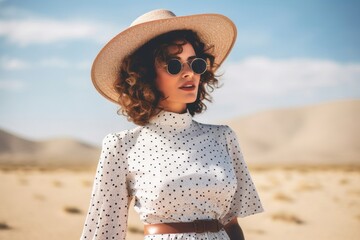 beautiful young woman wearing a polka dot dress and sun hat in a desert - Powered by Adobe