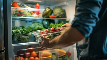 The image shows an individual's hand taking out a container of tomatoes from a fridge filled with fresh produce