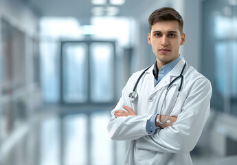 Photo portrait of young male doctor arms crossed and wearing a stethoscope