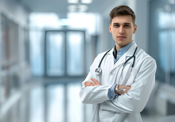 Photo portrait of young male doctor arms crossed and wearing a stethoscope
