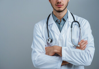 Photo portrait of young male doctor arms crossed and wearing a stethoscope