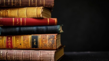 Naklejka premium A collection of vintage books with gold spines, presented on a dark background. The image captures the essence of a classic study or library.