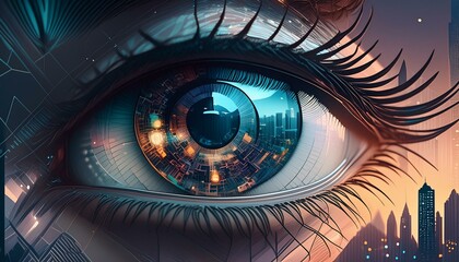 Woman's eye in the foreground with the reflection of a modern city inside