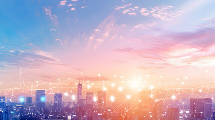Urban City Skyline Silhouette at Dusk,Futuristic concept of city with cyber security and big data