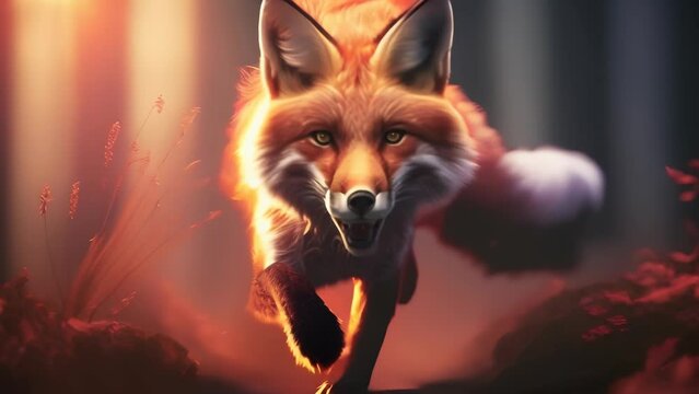 A majestic fox captured in mid-leap through an enchanted forest, illuminated by a warm, magical light. The vibrant colors and dynamic movement create a sense of wonder and fantasy.
