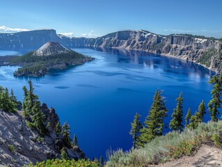 Stunning View of Crater Lake's Deep Blue Waters Surrounded by Rugged Rocky Cliffs and Lush Evergreen Trees Under Clear Blue Sky - Powered by Adobe