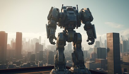 A towering mechanical giant robot stands amidst skyscrapers, showcasing engineering marvel and futuristic awe. 🤖🏙️ #GiantMechanicalMarvel