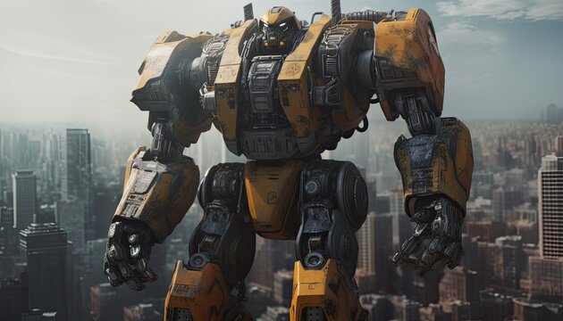 A colossal yellow giant robot stands, exuding mechanical prowess and grandeur. A marvel of engineering and innovation. 🤖💛 #GiantMechanicalMarvel - Powered by Adobe