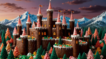 Majestic Castle Made Entirely of Chocolate and Candy Visualize a cinematic scene of a grand castle towering over a landscape, made entirely of chocolate bricks