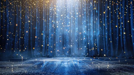 Abstract background for presentation with blue and gold lights, curtain, particles and glitter on dark stage. Empty scene of modern interior design with spotlight. Scene