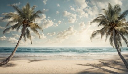 Fototapeta premium tropischer, cinematisch aussehender Strand mit blick auf Ozean, Palmen und Sandstrand