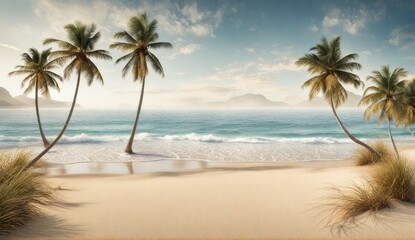 tropischer, cinematisch aussehender Strand mit blick auf Ozean, Palmen und Sandstrand