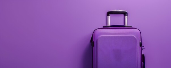 A purple suitcase is sitting on a purple wall, travel concept