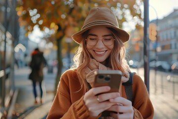 Happy woman using cell phone