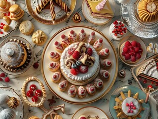 Assorted variety of delicious pastries and desserts on a table, including cakes, tarts, and cookies, beautifully arranged for a festive celebration.