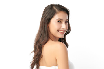 Fototapeta premium Beautiful young asian woman with clean fresh skin on white background, Face care, Facial treatment, Cosmetology, beauty and spa, Asian women portrait.