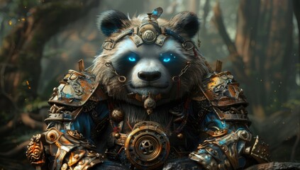 3d rendering of an angry panda with broken armor, blue eyes and golden gears on its body, sitting...