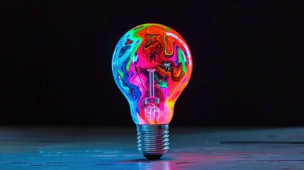 a colorful glowing idea bulb lamp, visualization of brainstorming and creative thinking