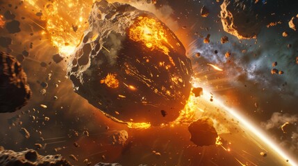Asteroid collision in outer space with fiery explosion and scattered debris, capturing dramatic cosmic event and space dynamics.