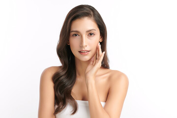 Beautiful young asian woman with clean fresh skin on white background, Face care, Facial treatment,...