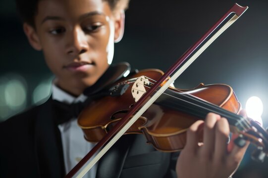 Close-up, cropped view of a mixed race teenage boy, 16 years old, playing the violin, wearing a tuxedo. The focus is on his hand. He is African-American, Asian and Hispanic - Powered by Adobe