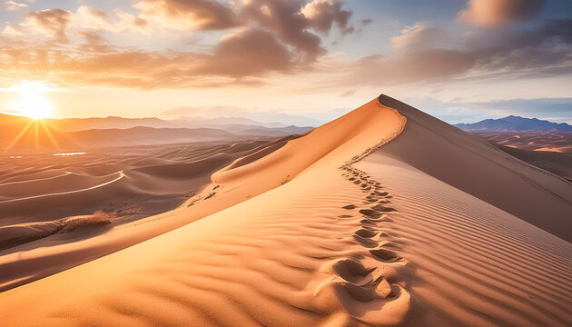 Footprints in the desert, sand, mountains, sun, dusk, rippling, clouds, sky, journey, adventure, distress, road, continue