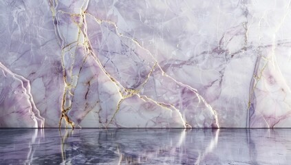 3d rendering of marble background with cracked texture, white and purple color, gold line on the wall, shiny floor, high resolution