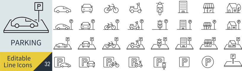 線の編集ができるベクターのパーキングのアイコンセット（アウトライン化していない）