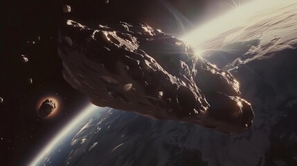 Fototapeta premium Asteroid in deep space near Earth with the sun shining, showcasing a beautiful and mysterious outer space scenery.