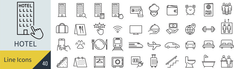 線の編集ができるベクターのホテルのアイコンセット（アウトライン化していない）