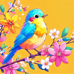A colorful bird perched on a branch adorned with flowers, set against a vibrant yellow background.
