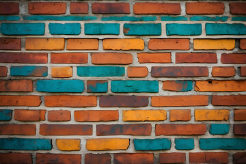 A close-up of a multicolored brick wall with varying hues of blue and orange bricks