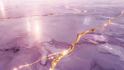 3d rendering of marble texture background with golden cracks, light violet and white colors, shiny...
